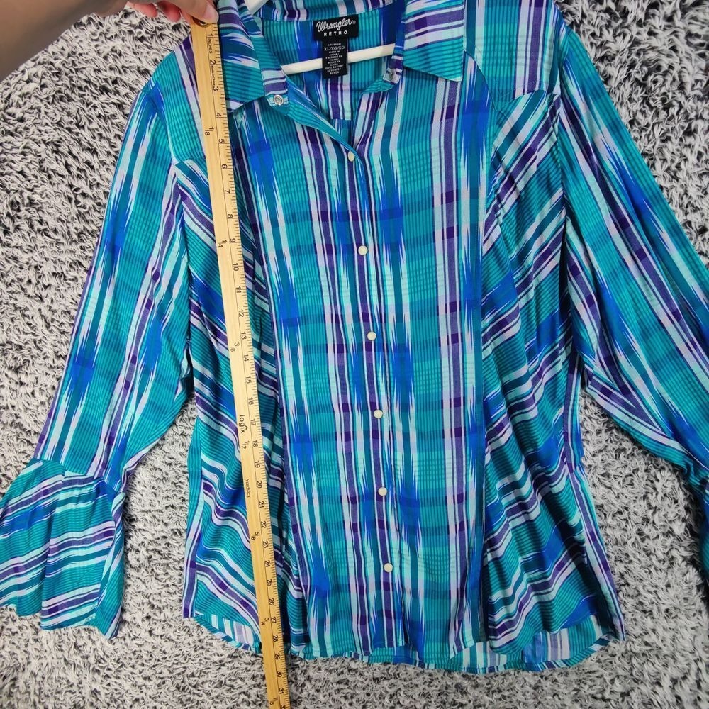 Wrangler Retro Womens Cowgirl Vibrant Western Bell Sleeve Shirt XL Ikat Plaid - Picture 3 of 10